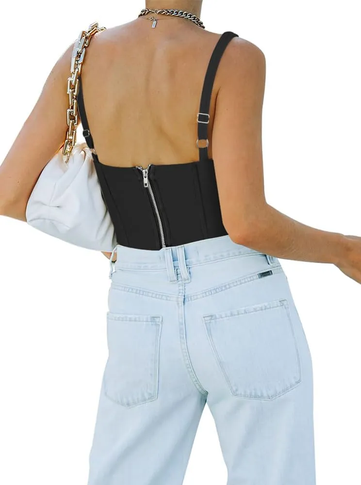REORIA Women's Summer Sexy Square Neck Sleeveless Trendy Bustier Corset Crop Tank Tops