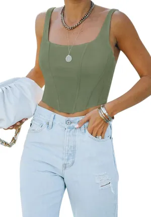 REORIA Women's Summer Sexy Square Neck Sleeveless Trendy Bustier Corset Crop Tank Tops