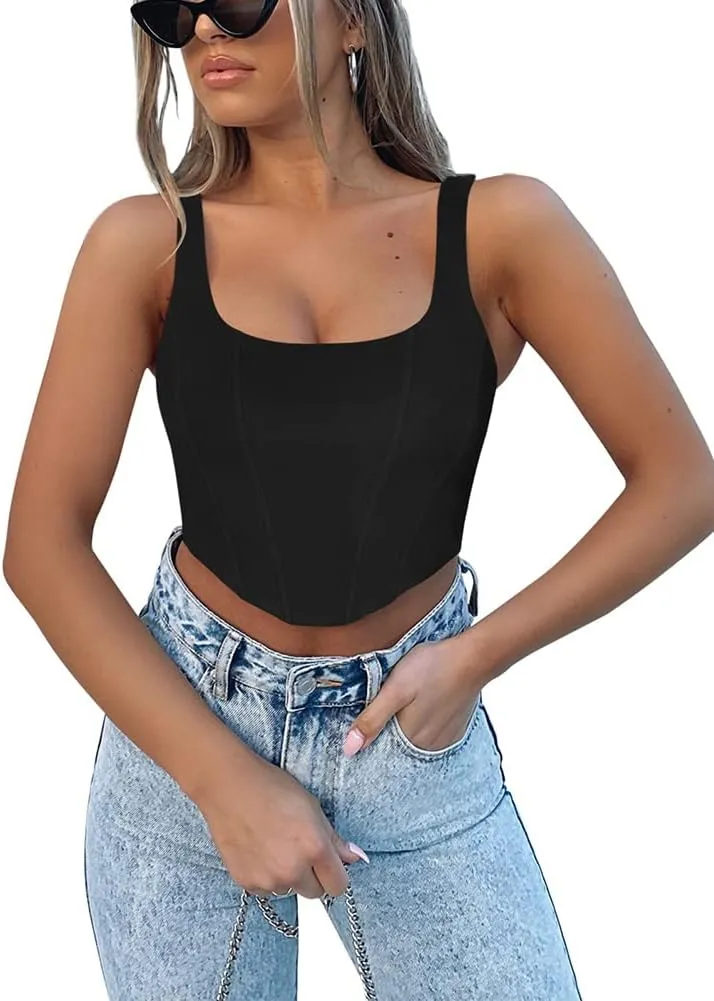 REORIA Women's Summer Sexy Square Neck Sleeveless Trendy Bustier Corset Crop Tank Tops