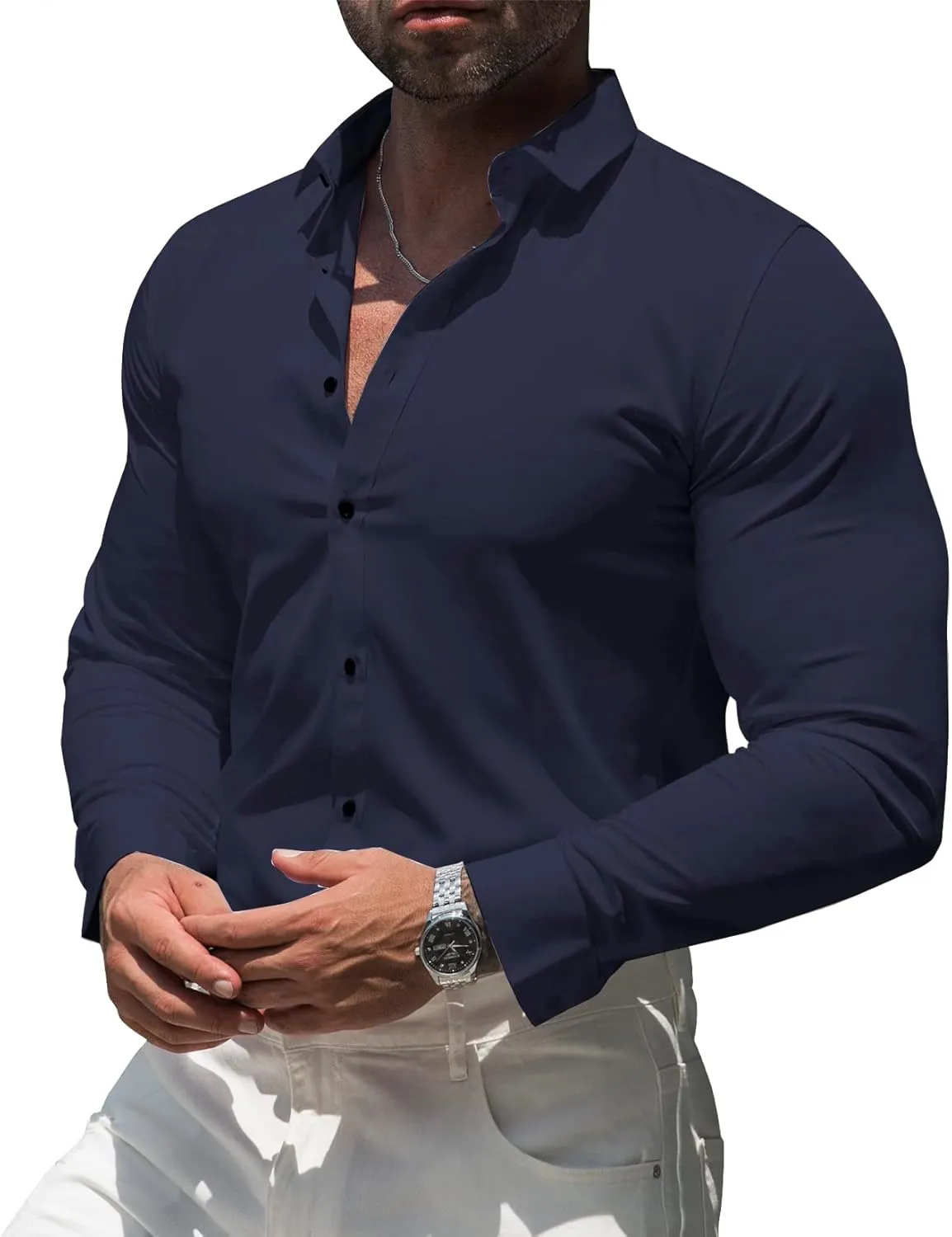 RPOVIG Men's Muscle Dress Shirts:Casual Button Down Long Sleeve Elasticity Athletic Fit Wrinkle-Free Shirt
