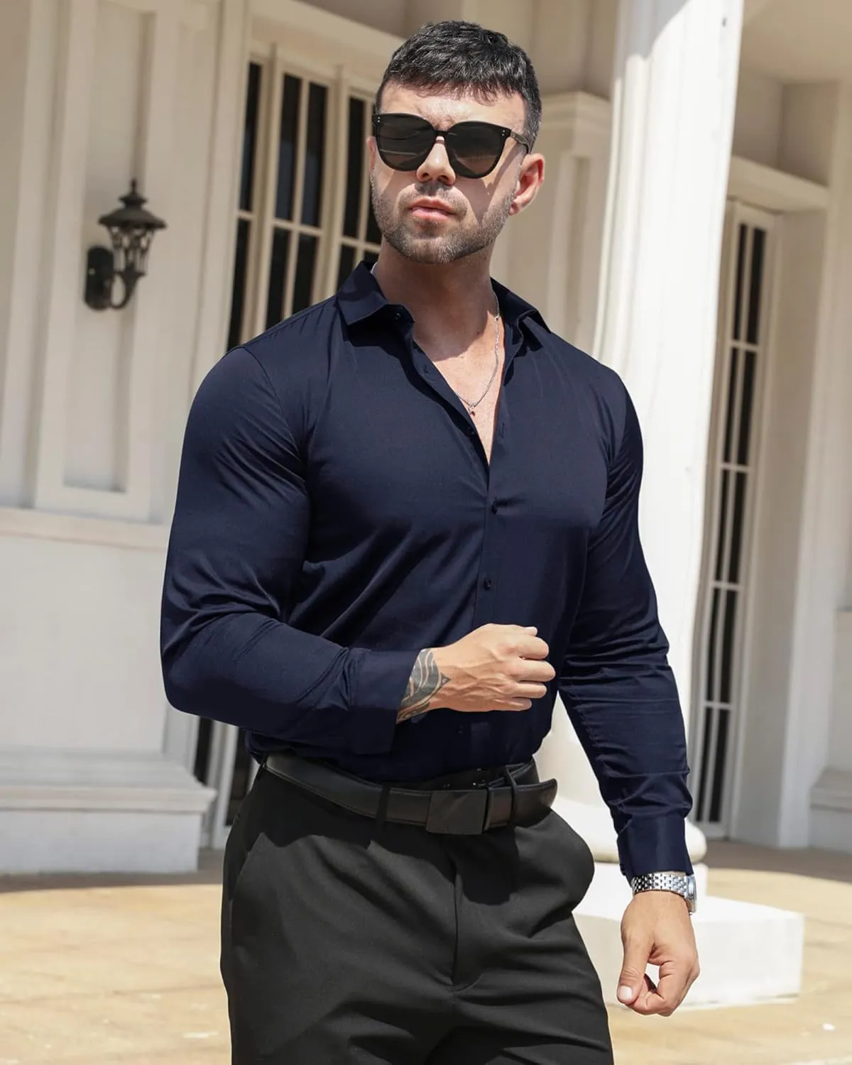 RPOVIG Men's Muscle Dress Shirts:Casual Button Down Long Sleeve Elasticity Athletic Fit Wrinkle-Free Shirt