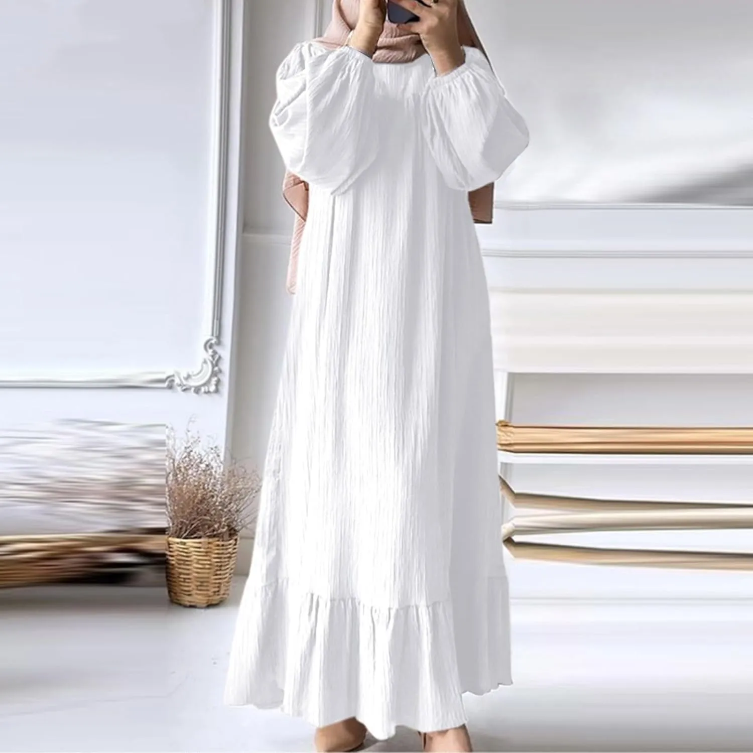 Ruffle Hem Muslim Abaya Women Plus Size Crewneck Long Sleeve Maxi Dress Arabian Dubai Islamic Robe Without Headscarf