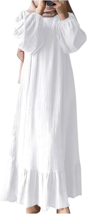 Ruffle Hem Muslim Abaya Women Plus Size Crewneck Long Sleeve Maxi Dress Arabian Dubai Islamic Robe Without Headscarf