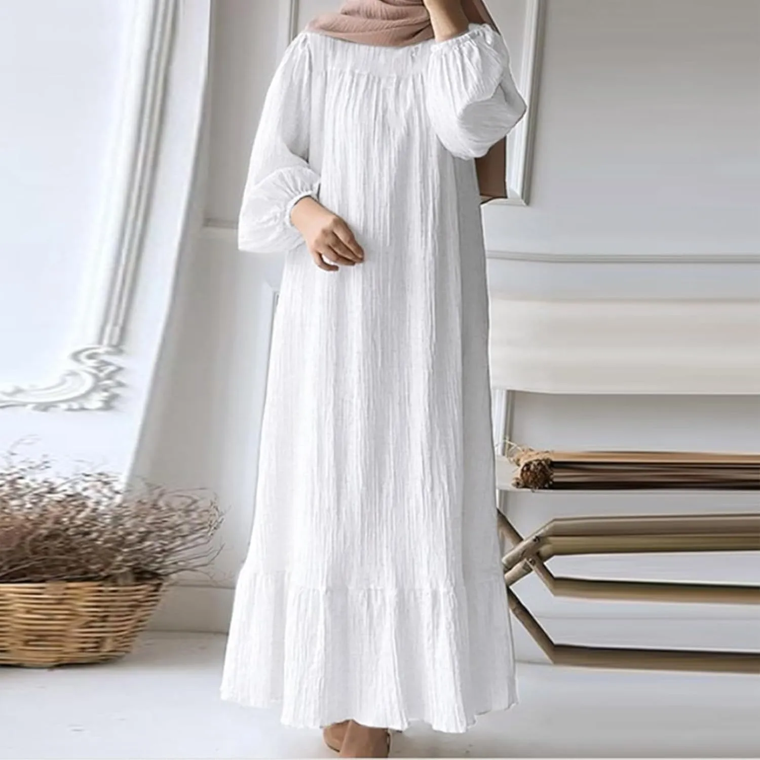 Ruffle Hem Muslim Abaya Women Plus Size Crewneck Long Sleeve Maxi Dress Arabian Dubai Islamic Robe Without Headscarf