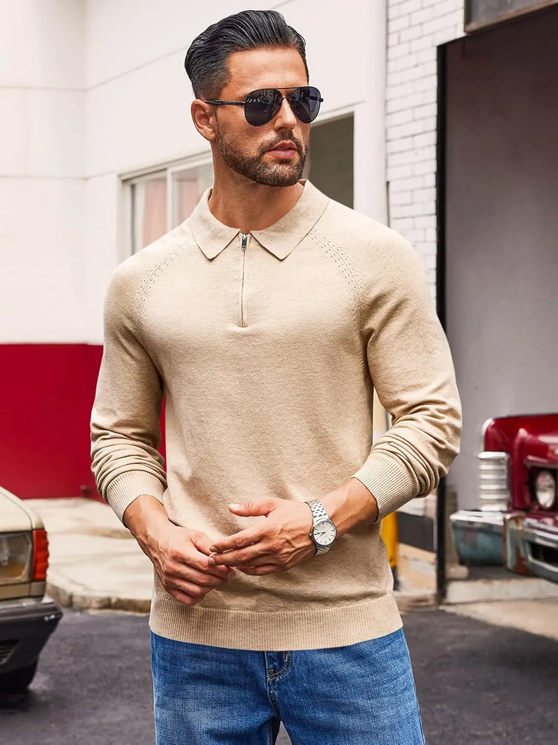Runcati Mens Knit Polo Shirts Long Sleeve Quarter Zip Sweater Casual Slim Fit Golf Pullover Shirt