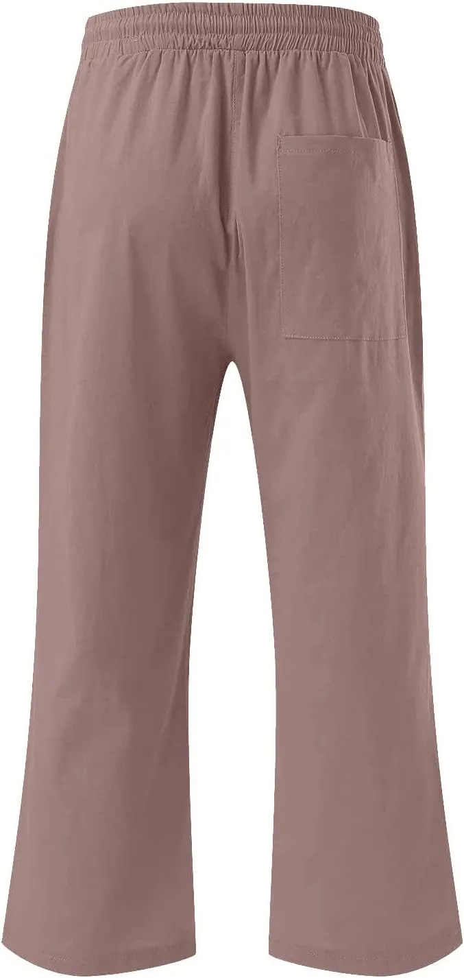 Ruziyoog Capris Pants for Women Cotton Linen Casual High Waist Drawstring Cropped Trouser Summer Loose Straight Wide Leg Pant