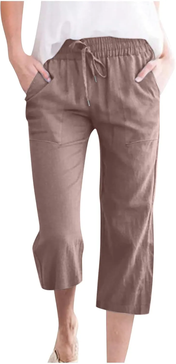 Ruziyoog Capris Pants for Women Cotton Linen Casual High Waist Drawstring Cropped Trouser Summer Loose Straight Wide Leg Pant