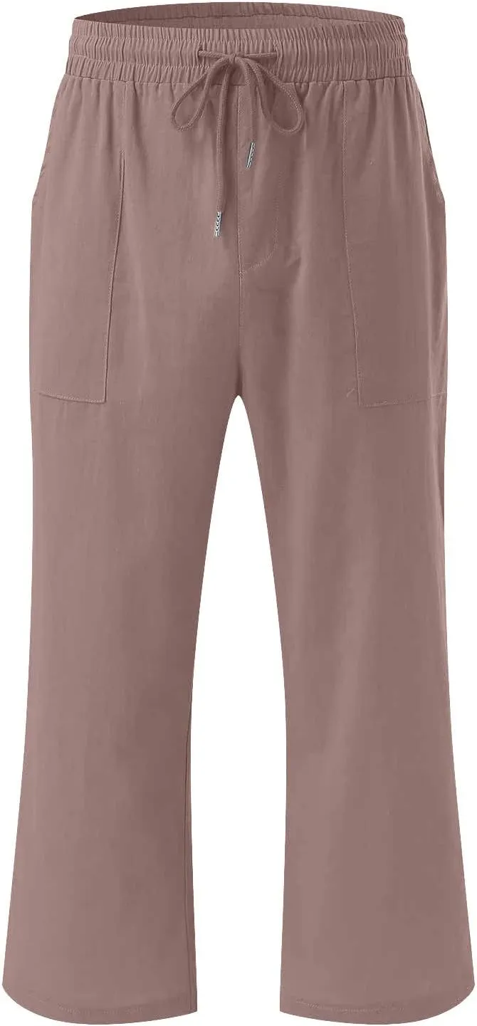 Ruziyoog Capris Pants for Women Cotton Linen Casual High Waist Drawstring Cropped Trouser Summer Loose Straight Wide Leg Pant