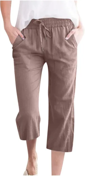 Ruziyoog Capris Pants for Women Cotton Linen Casual High Waist Drawstring Cropped Trouser Summer Loose Straight Wide Leg Pant