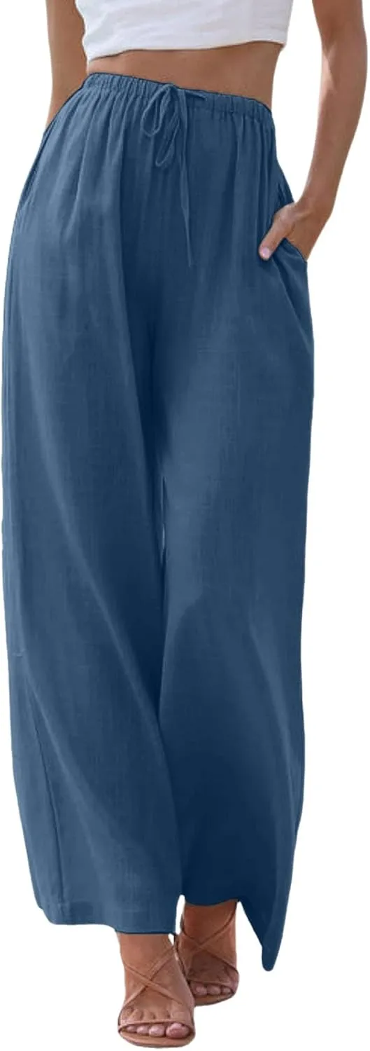 sdbrld Pantalones De Lino De Las Mujeres Linen Wide Leg Pants for Women Shorts Linen Pants Women Summer,Womens Linen Pants with Pockets High Waist Adjustable Knot Casual Trousers (Z41-Blue, S)