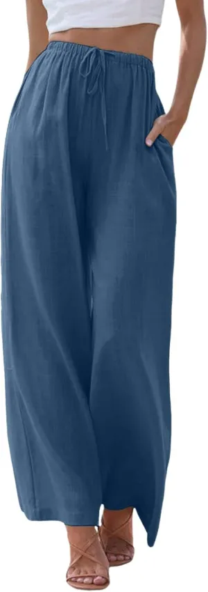 sdbrld Pantalones De Lino De Las Mujeres Linen Wide Leg Pants for Women Shorts Linen Pants Women Summer,Womens Linen Pants with Pockets High Waist Adjustable Knot Casual Trousers (Z41-Blue, S)
