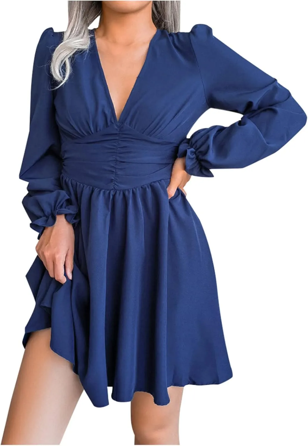 Sexy Deep V Neck Mini Dress for Women Casual Ruffle Long Sleeve High Waisted Swing Pleated A-Line Fall and Winter Dress