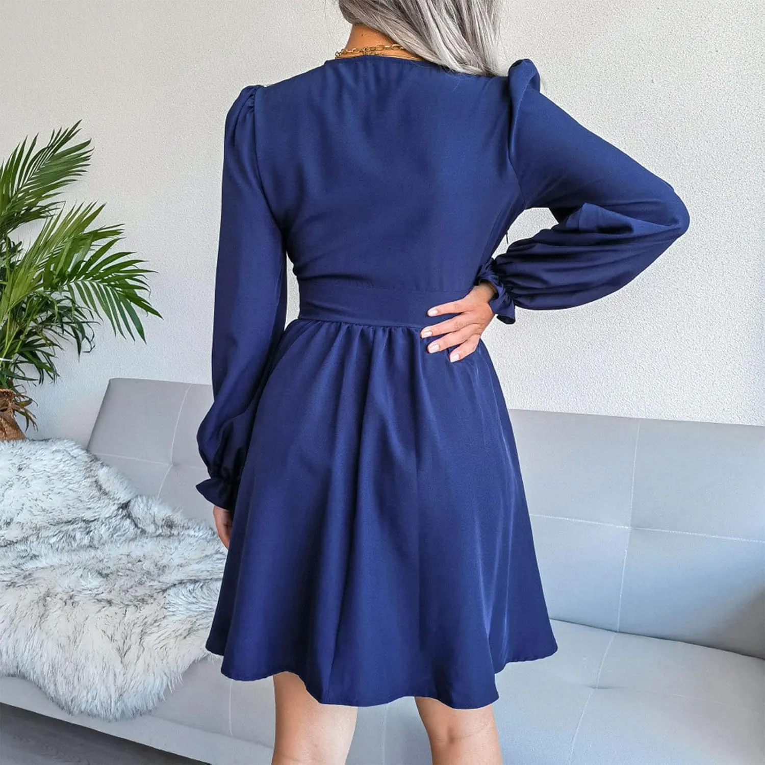 Sexy Deep V Neck Mini Dress for Women Casual Ruffle Long Sleeve High Waisted Swing Pleated A-Line Fall and Winter Dress