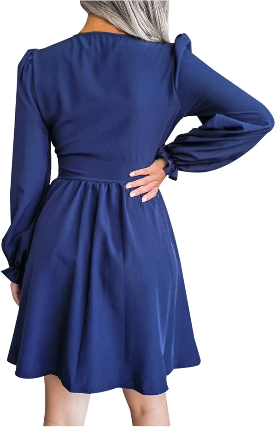 Sexy Deep V Neck Mini Dress for Women Casual Ruffle Long Sleeve High Waisted Swing Pleated A-Line Fall and Winter Dress