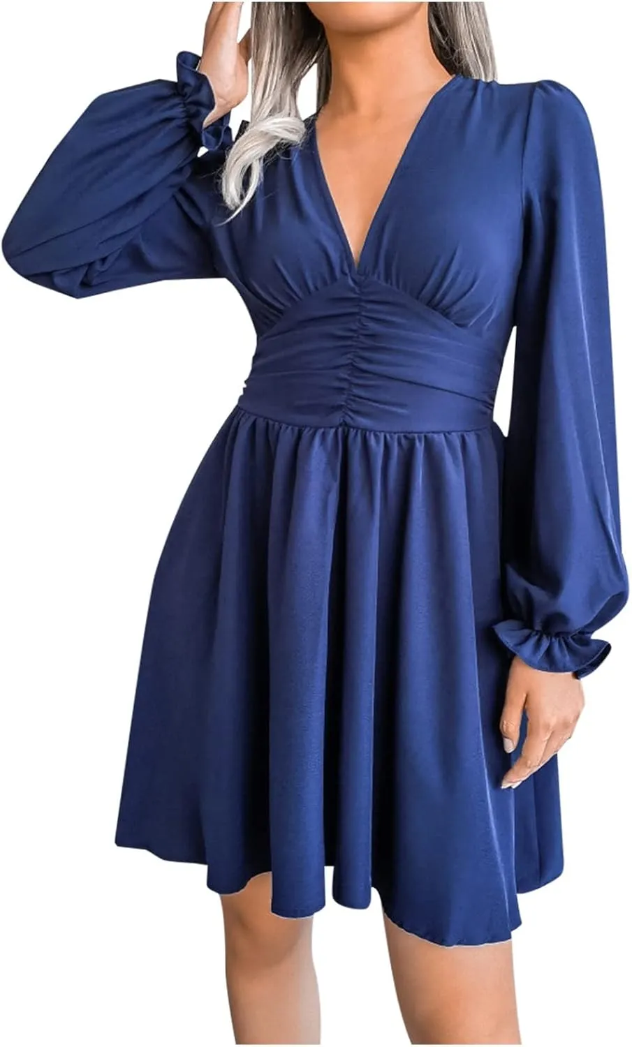 Sexy Deep V Neck Mini Dress for Women Casual Ruffle Long Sleeve High Waisted Swing Pleated A-Line Fall and Winter Dress