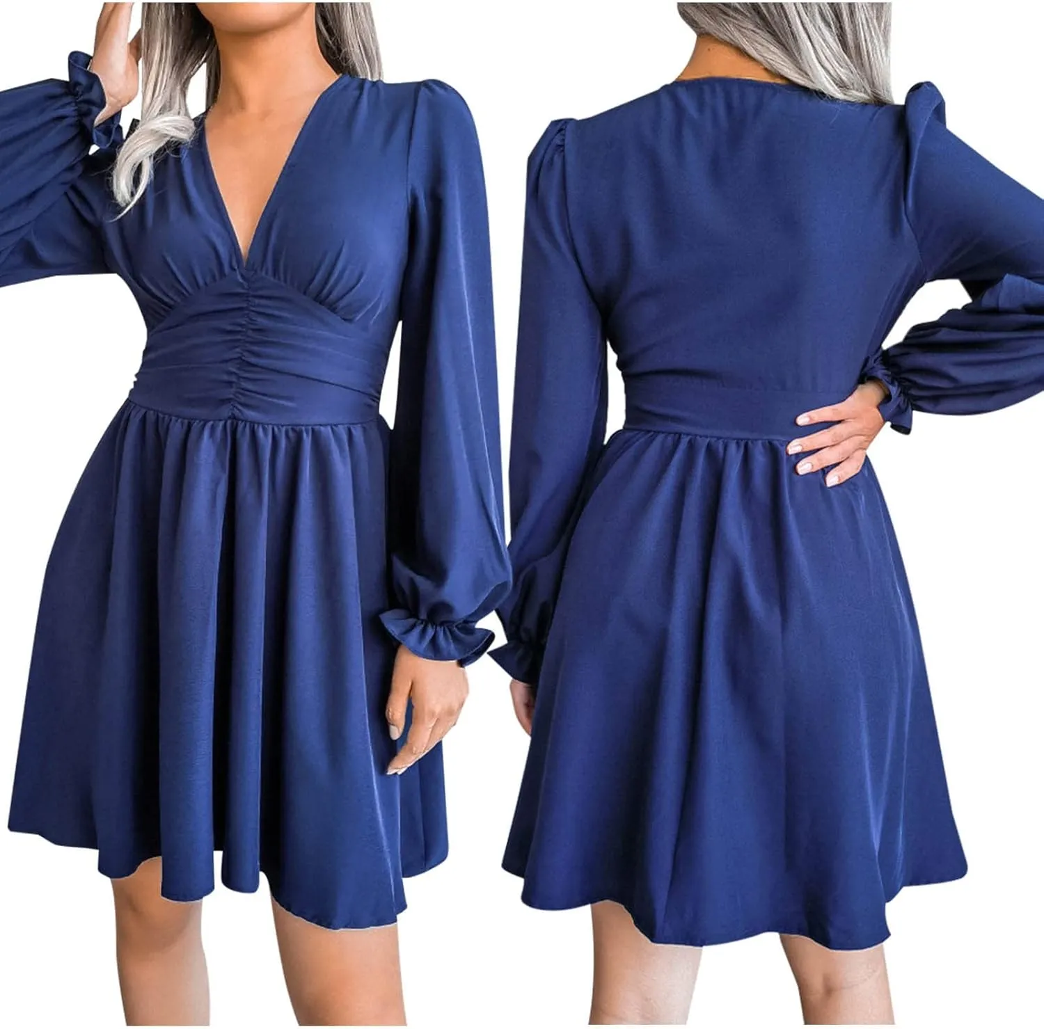 Sexy Deep V Neck Mini Dress for Women Casual Ruffle Long Sleeve High Waisted Swing Pleated A-Line Fall and Winter Dress