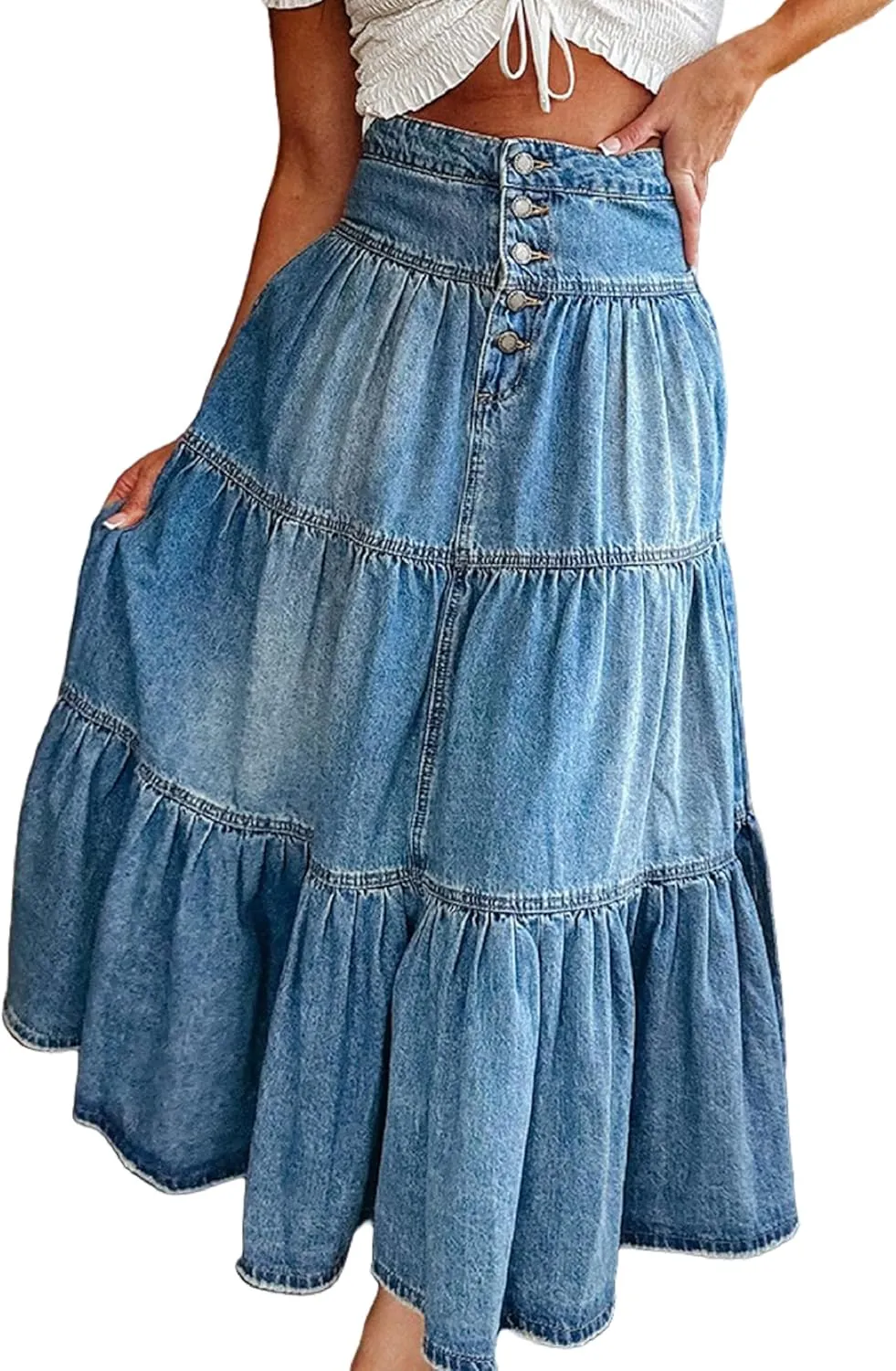 Seyumixi Women Tiered Denim Maxi Skirt Button Ruffle Flowy Jean Long Skirt High Waist A Line Jeans Midi Skirt