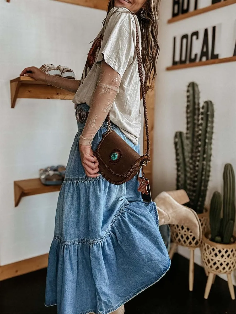 Seyumixi Women Tiered Denim Maxi Skirt Button Ruffle Flowy Jean Long Skirt High Waist A Line Jeans Midi Skirt