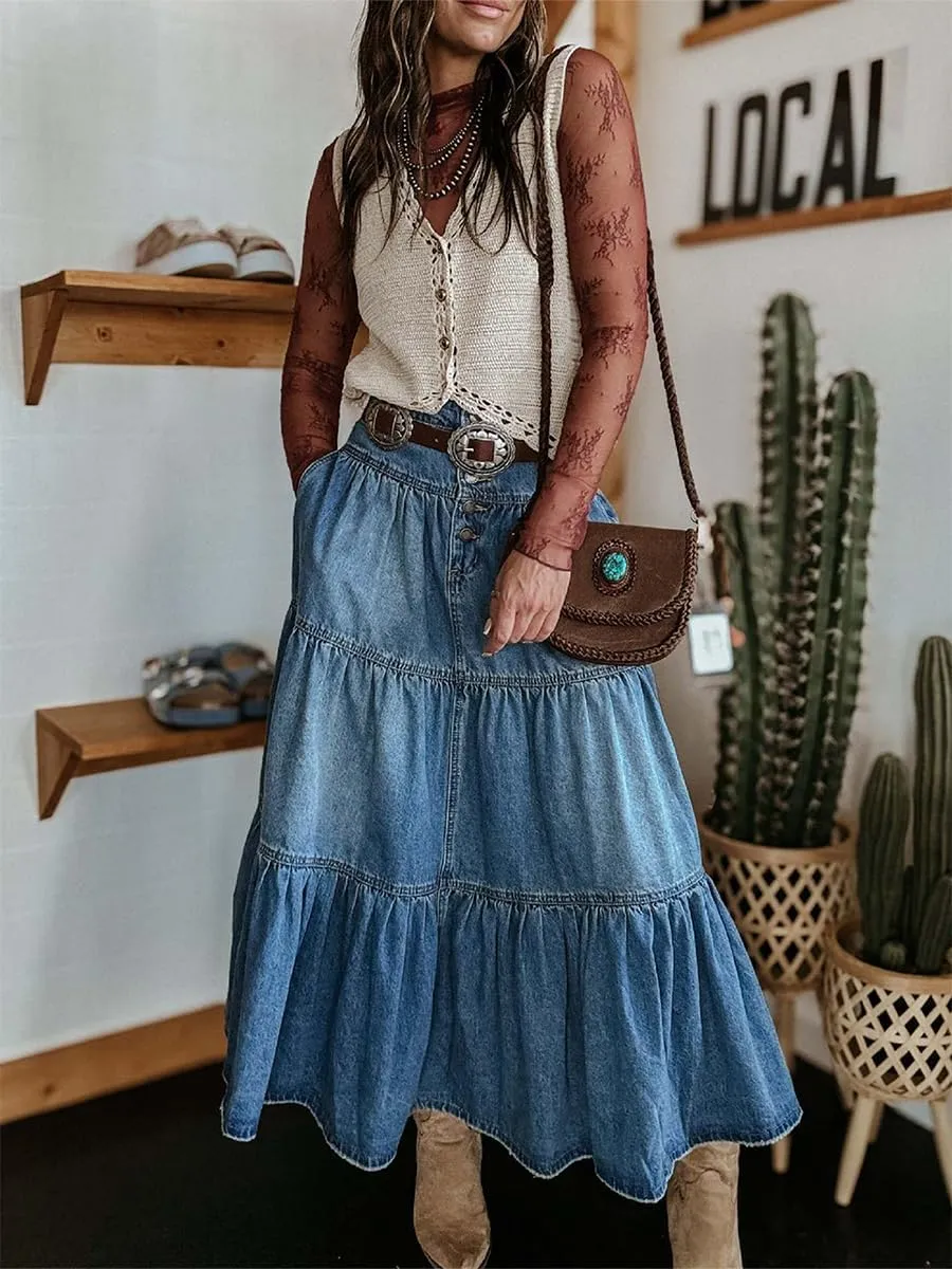 Seyumixi Women Tiered Denim Maxi Skirt Button Ruffle Flowy Jean Long Skirt High Waist A Line Jeans Midi Skirt