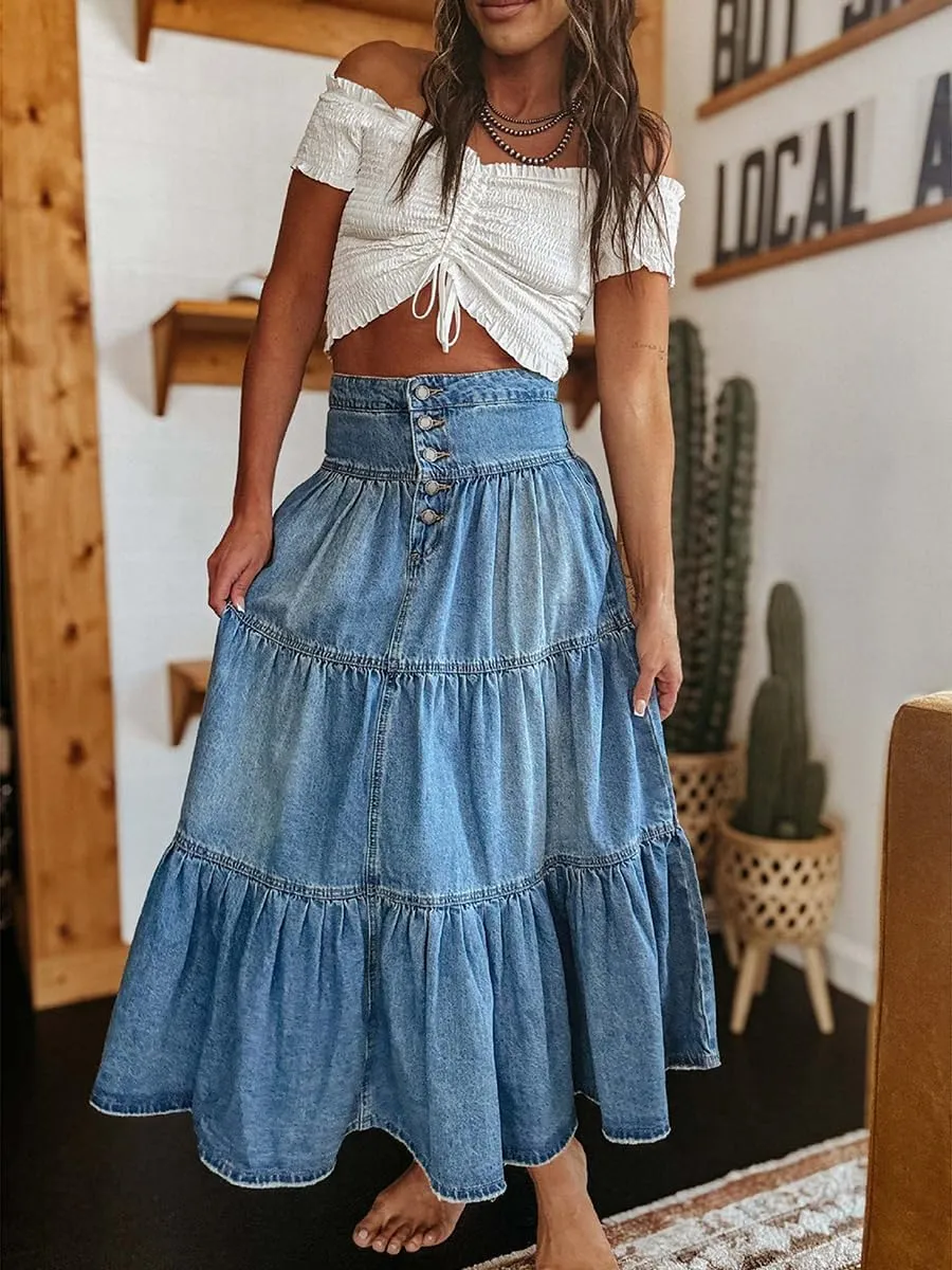 Seyumixi Women Tiered Denim Maxi Skirt Button Ruffle Flowy Jean Long Skirt High Waist A Line Jeans Midi Skirt