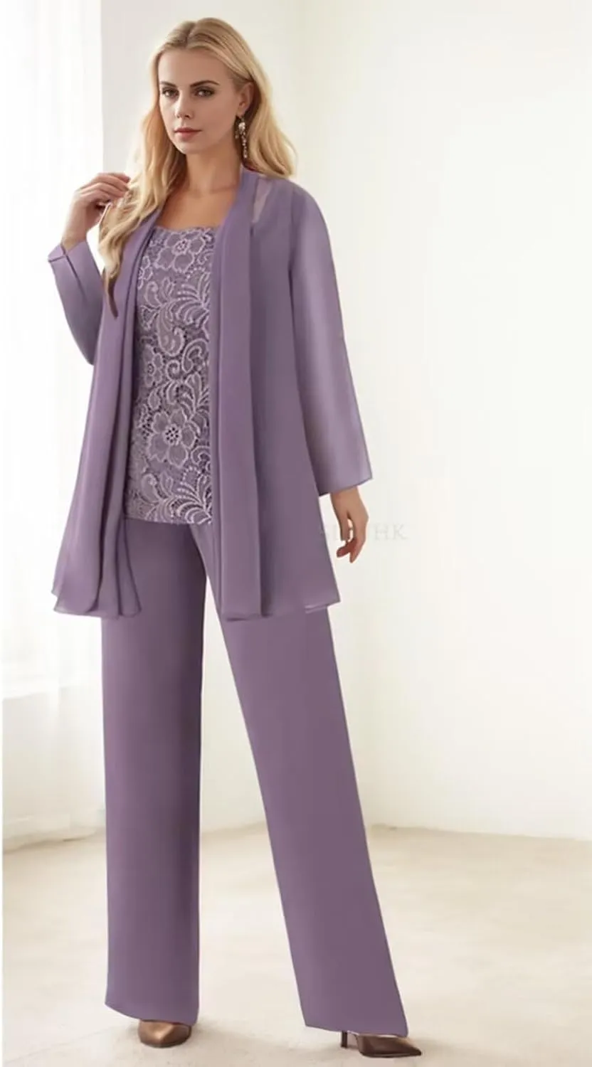 SIPUHK 3 Pieces Mother of The Bride Pantsuits with Jackets Long Sleeve Chiffon Outfit Lace Formal Pant Suits for Women Dressy