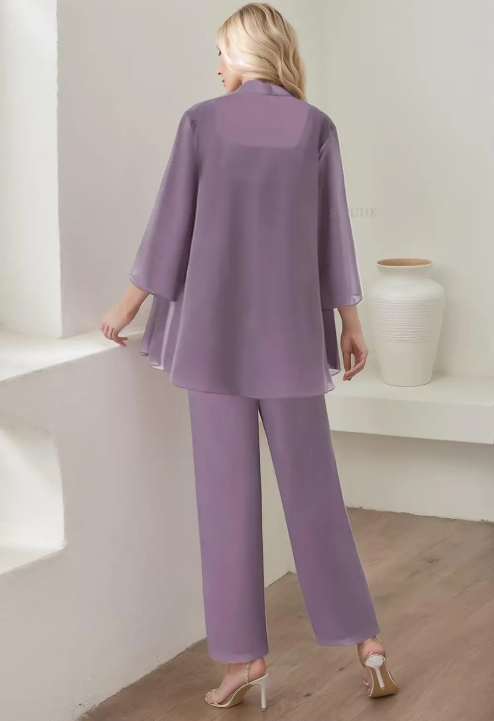 SIPUHK 3 Pieces Mother of The Bride Pantsuits with Jackets Long Sleeve Chiffon Outfit Lace Formal Pant Suits for Women Dressy