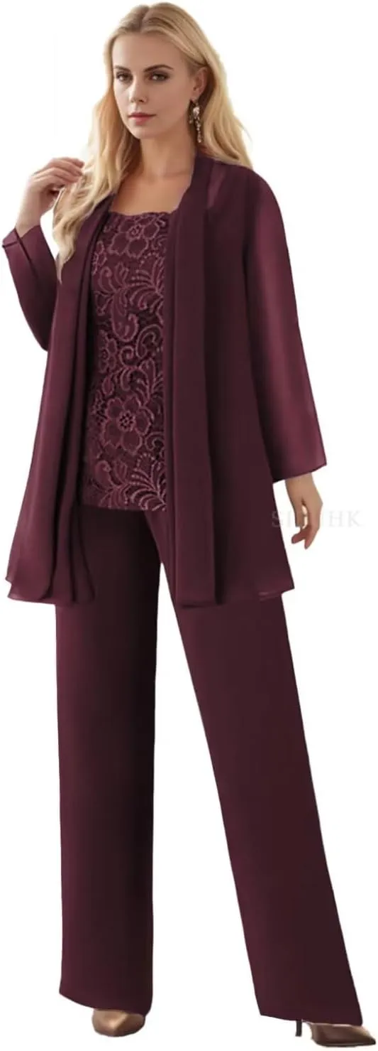 SIPUHK 3 Pieces Mother of The Bride Pantsuits with Jackets Long Sleeve Chiffon Outfit Lace Formal Pant Suits for Women Dressy