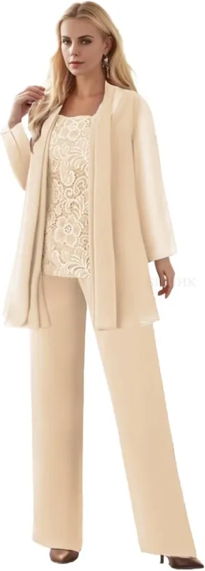 SIPUHK 3 Pieces Mother of The Bride Pantsuits with Jackets Long Sleeve Chiffon Outfit Lace Formal Pant Suits for Women Dressy