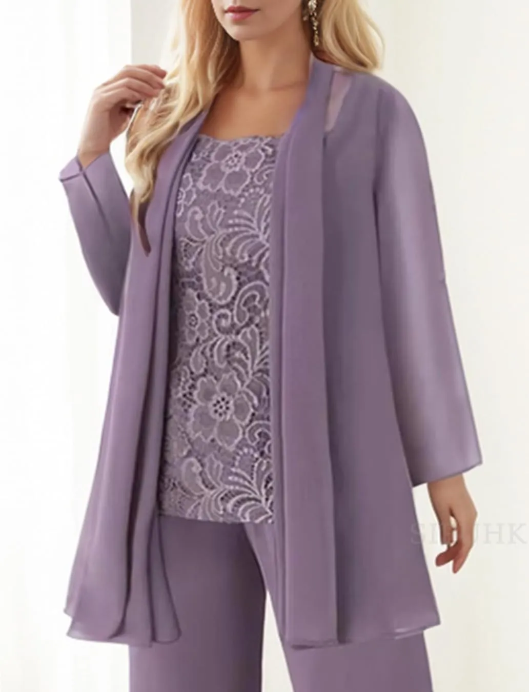 SIPUHK 3 Pieces Mother of The Bride Pantsuits with Jackets Long Sleeve Chiffon Outfit Lace Formal Pant Suits for Women Dressy