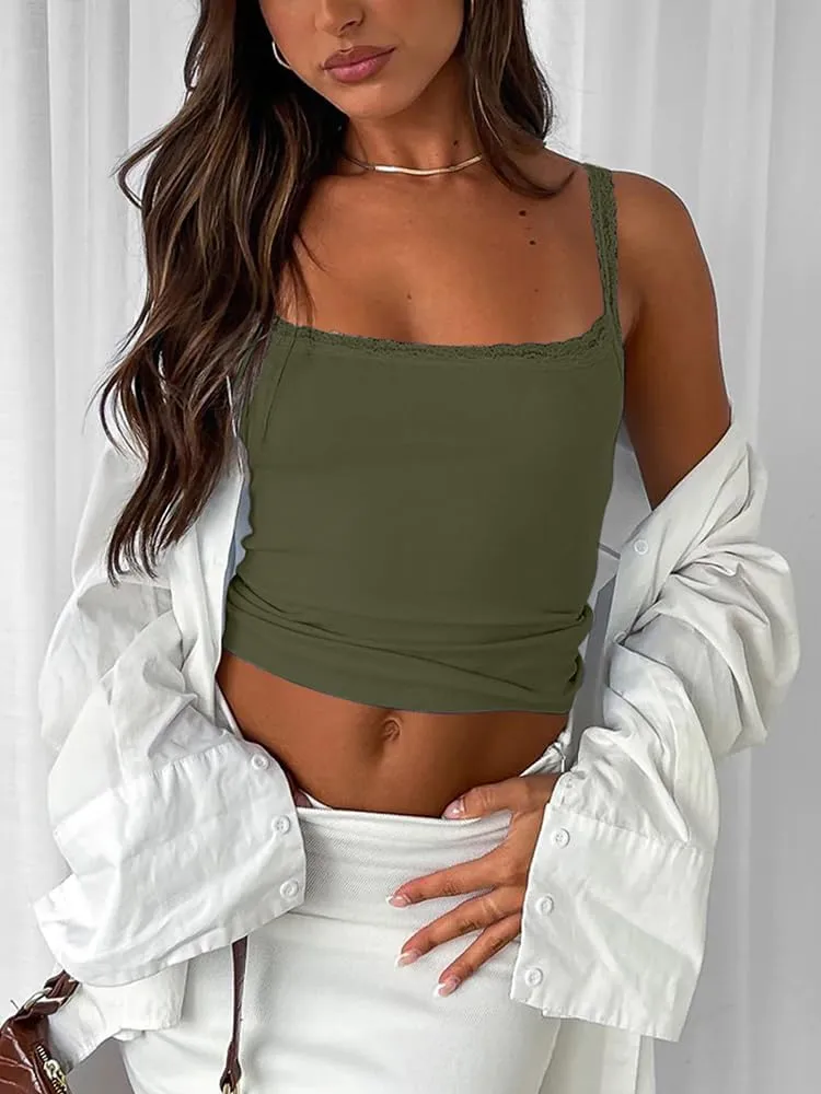 Sleeveless Camisole Tank Tops for Women Y2K Spaghetti Strap Lace Trim Slim Fit Basic Cami Shirts