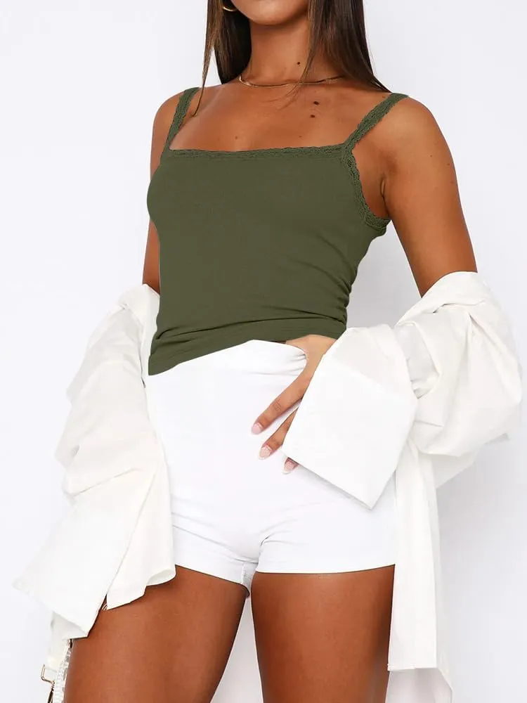Sleeveless Camisole Tank Tops for Women Y2K Spaghetti Strap Lace Trim Slim Fit Basic Cami Shirts