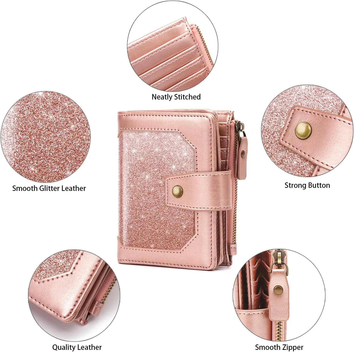 Small Glitter Women Wallet,Bifold Purse RFID Blocking Credit Card Holder Wallet with Zipper Pocket,Rose Gold Glitter