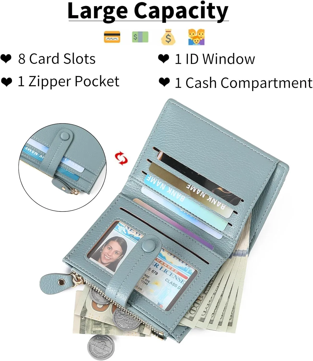 Small Womens Wallet Leather RFID Blocking Bifold Card Holder Zipper Coin Pocket Ladies Purse with ID Window