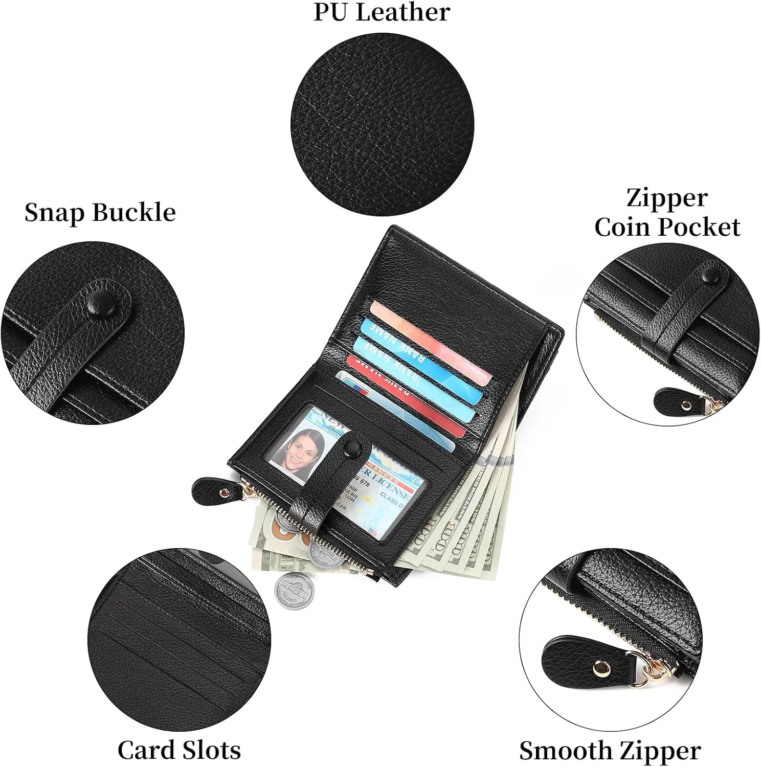 Small Womens Wallet Leather RFID Blocking Bifold Card Holder Zipper Coin Pocket Ladies Purse with ID Window