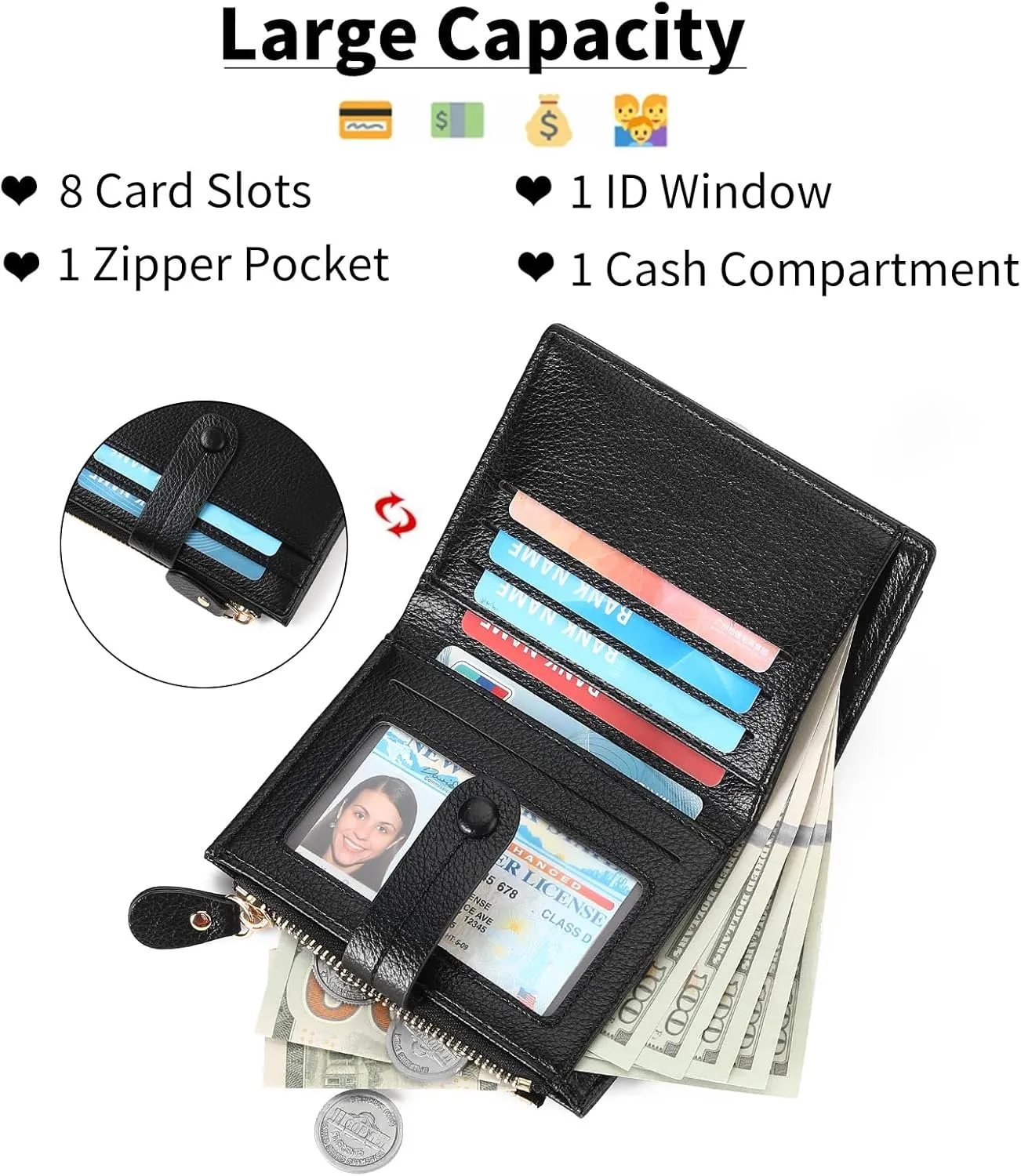 Small Womens Wallet Leather RFID Blocking Bifold Card Holder Zipper Coin Pocket Ladies Purse with ID Window