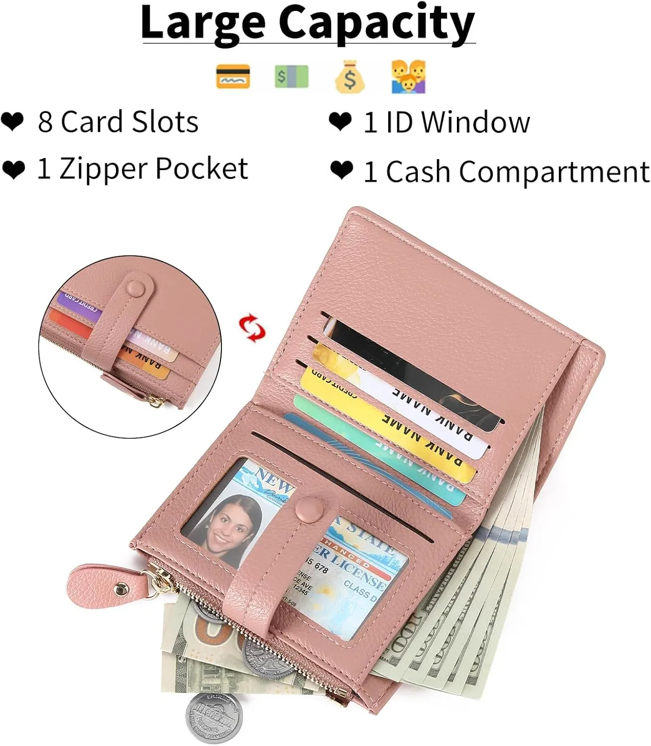 Small Womens Wallet Leather RFID Blocking Bifold Card Holder Zipper Coin Pocket Ladies Purse with ID Window