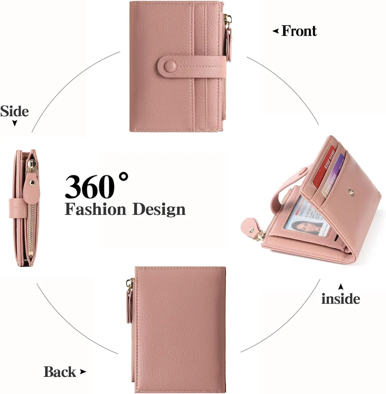 Small Womens Wallet Leather RFID Blocking Bifold Card Holder Zipper Coin Pocket Ladies Purse with ID Window
