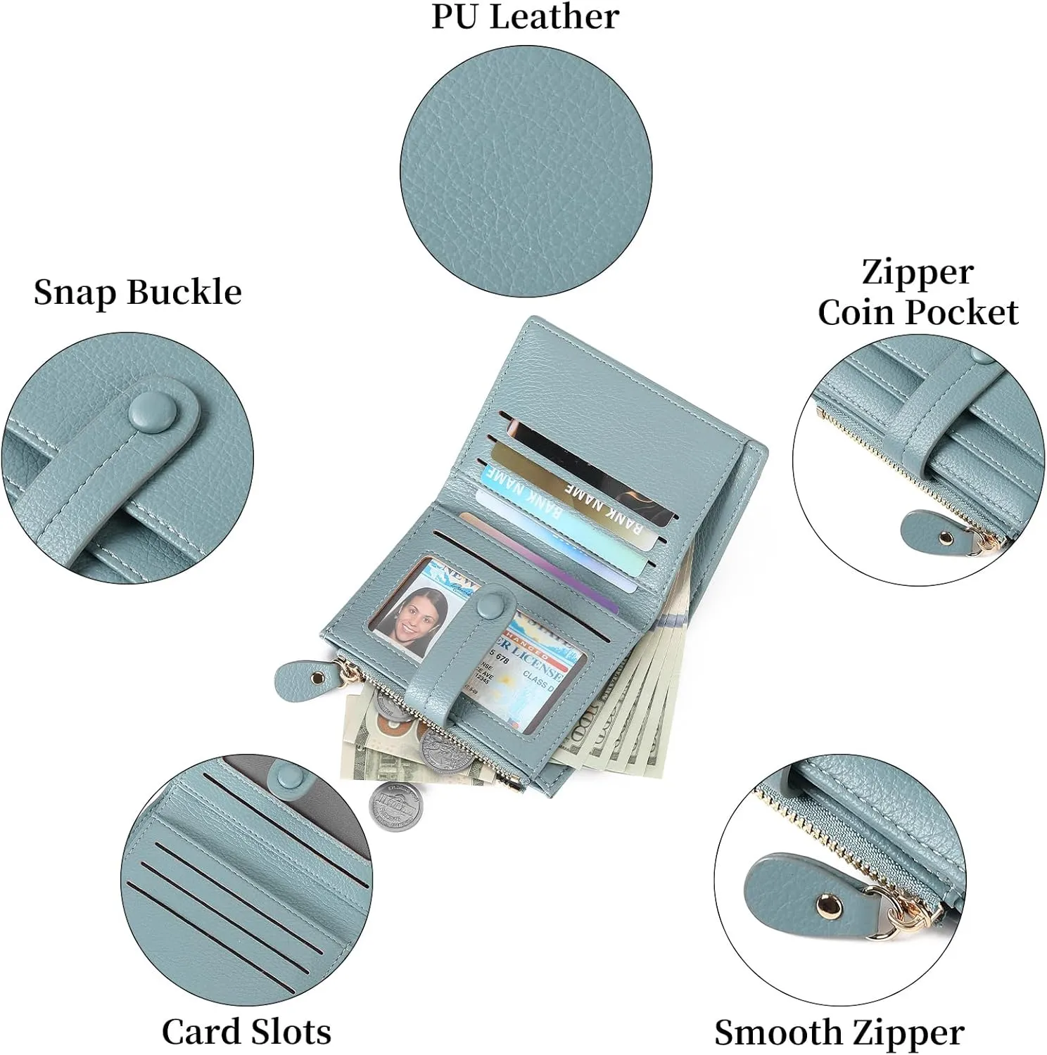 Small Womens Wallet Leather RFID Blocking Bifold Card Holder Zipper Coin Pocket Ladies Purse with ID Window