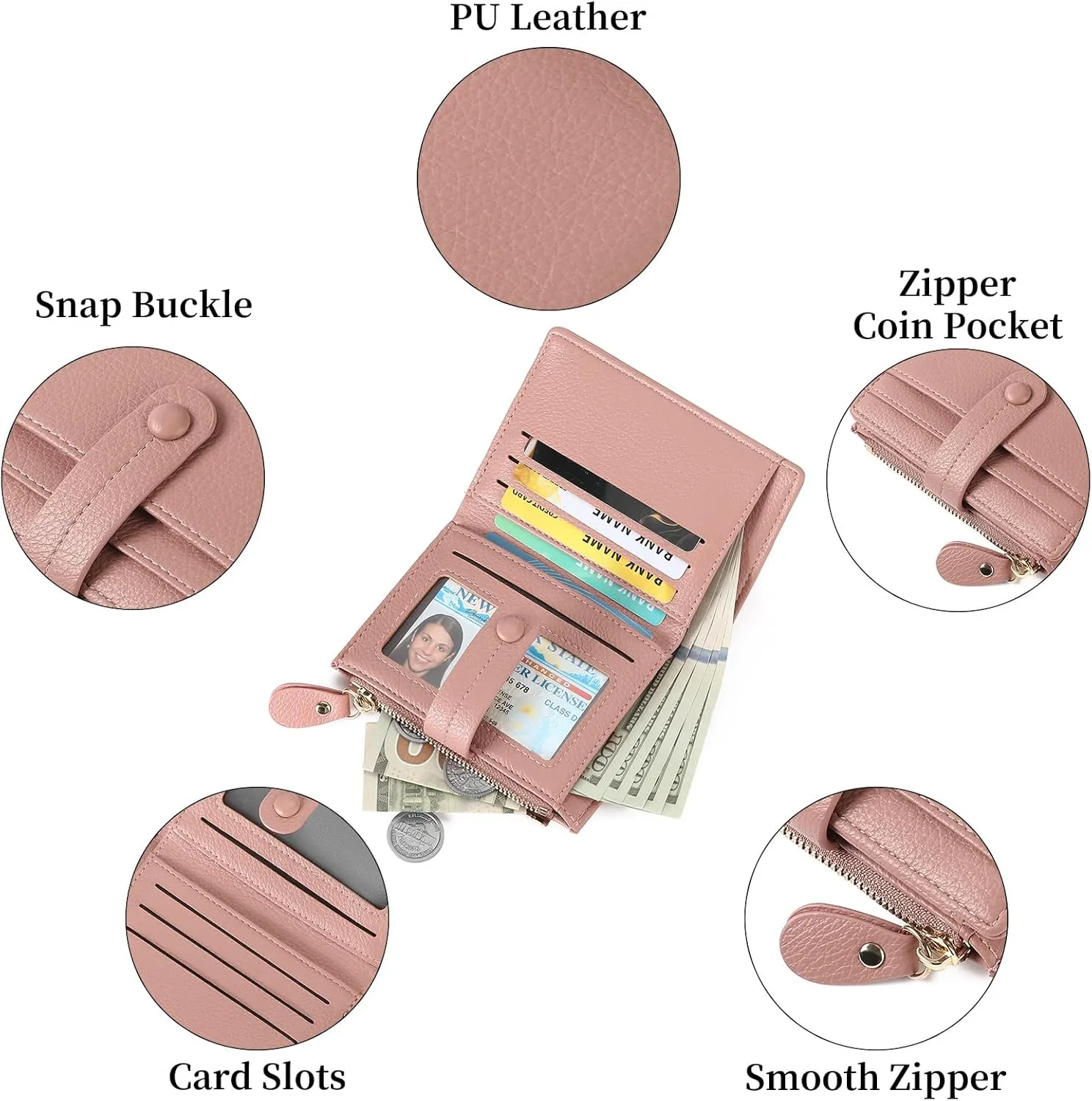 Small Womens Wallet Leather RFID Blocking Bifold Card Holder Zipper Coin Pocket Ladies Purse with ID Window