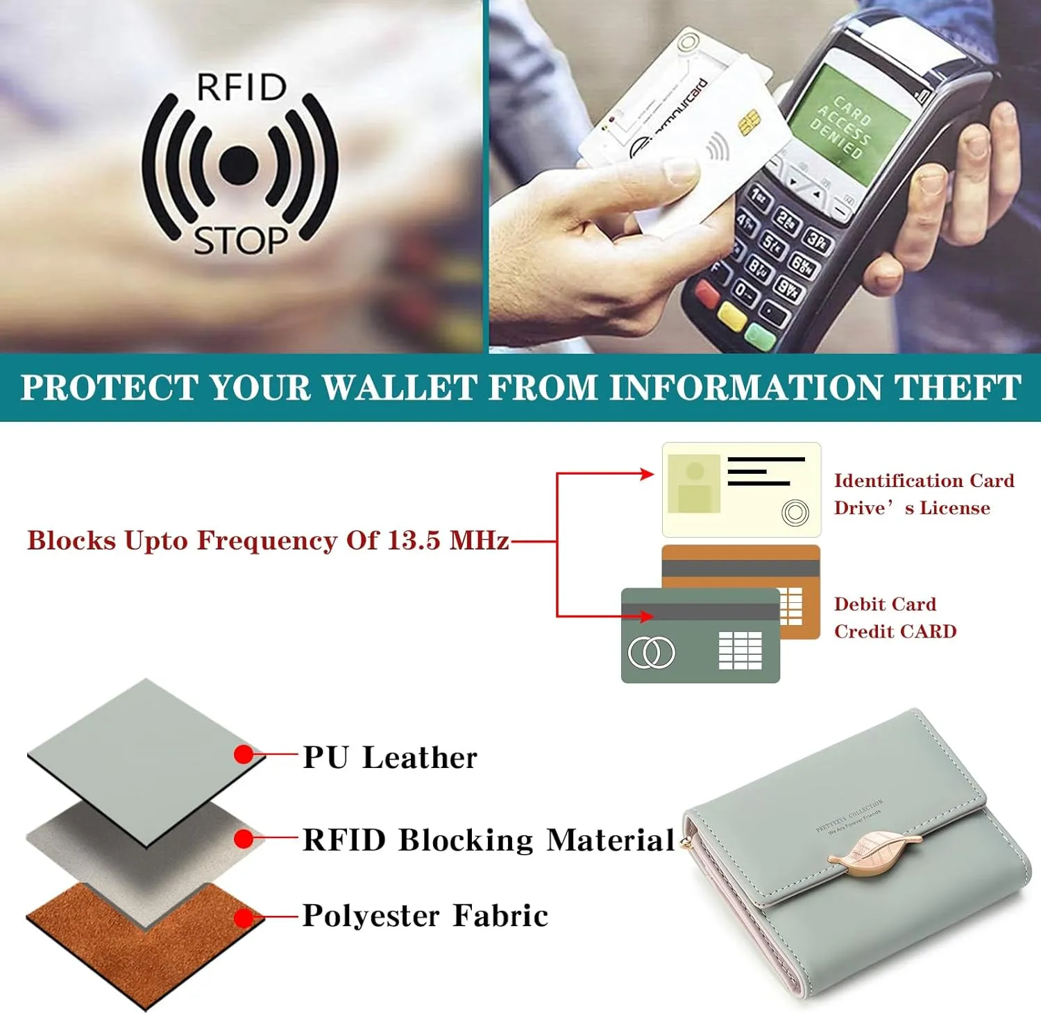 Small Womens Wallet Trifold Leather Card Holder RFID Blocking Zipper Pocket Ladies Purse with ID Window