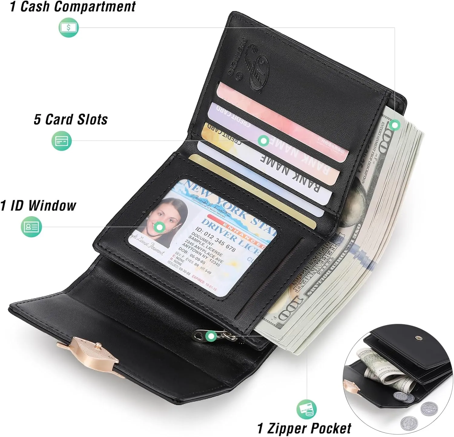 Small Womens Wallet Trifold Leather Card Holder RFID Blocking Zipper Pocket Ladies Purse with ID Window