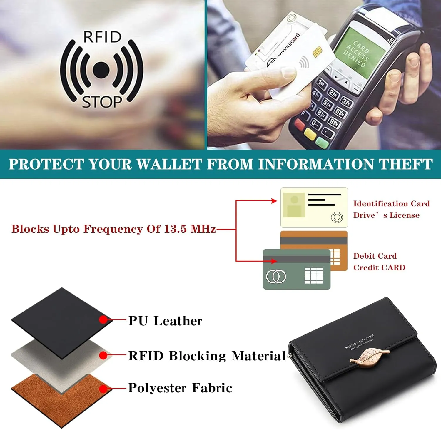 Small Womens Wallet Trifold Leather Card Holder RFID Blocking Zipper Pocket Ladies Purse with ID Window