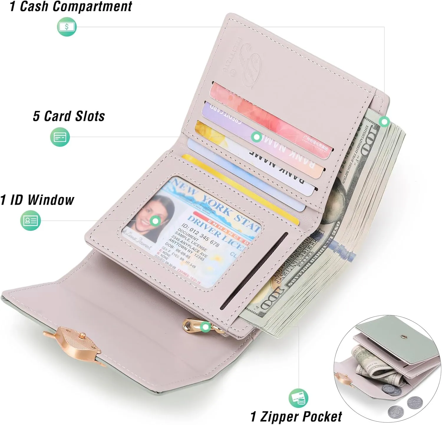 Small Womens Wallet Trifold Leather Card Holder RFID Blocking Zipper Pocket Ladies Purse with ID Window