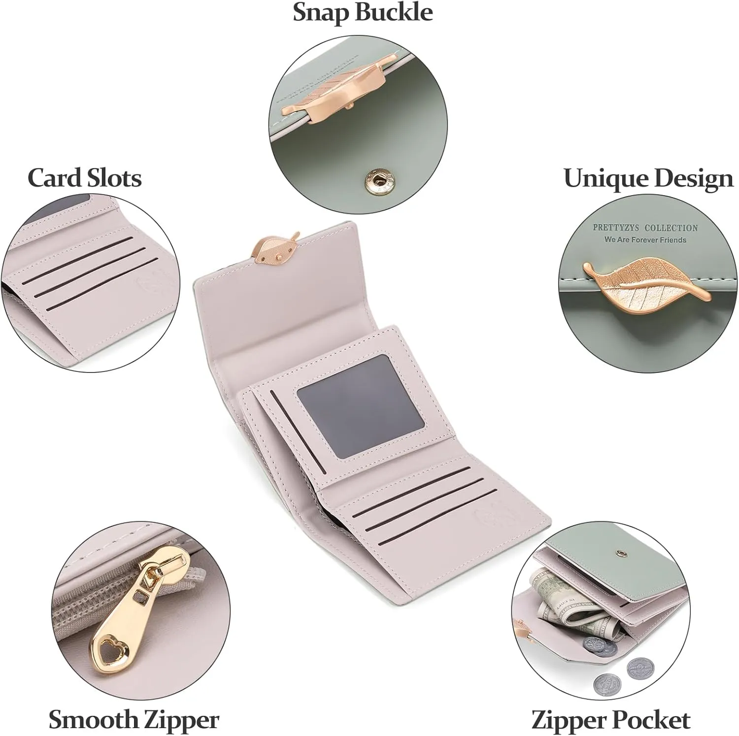 Small Womens Wallet Trifold Leather Card Holder RFID Blocking Zipper Pocket Ladies Purse with ID Window