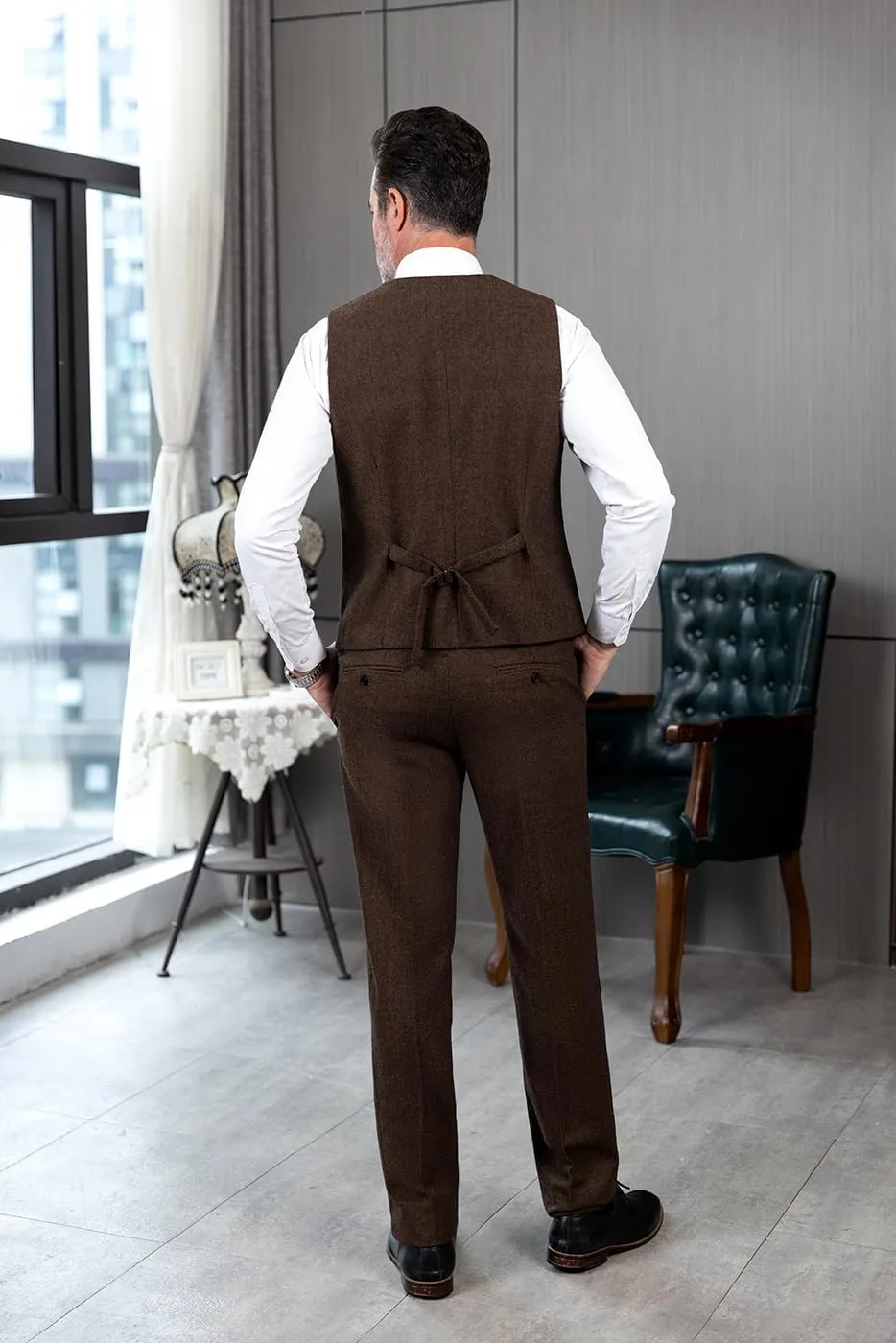 SOLOVEDRESS Men's Vintage Suit Vest Wool Sleeveless Waistcoat Tweed For Wedding Groomsmen