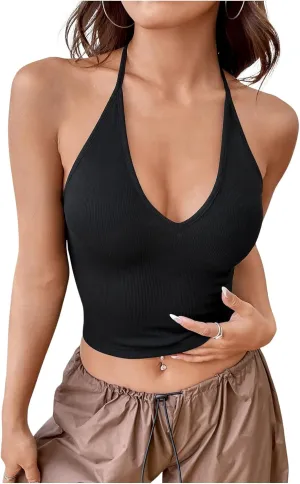SOLY HUX Halter Crop Top for Women Deep V Neck Sleeveless Fitted Going Out Camisole Shirts