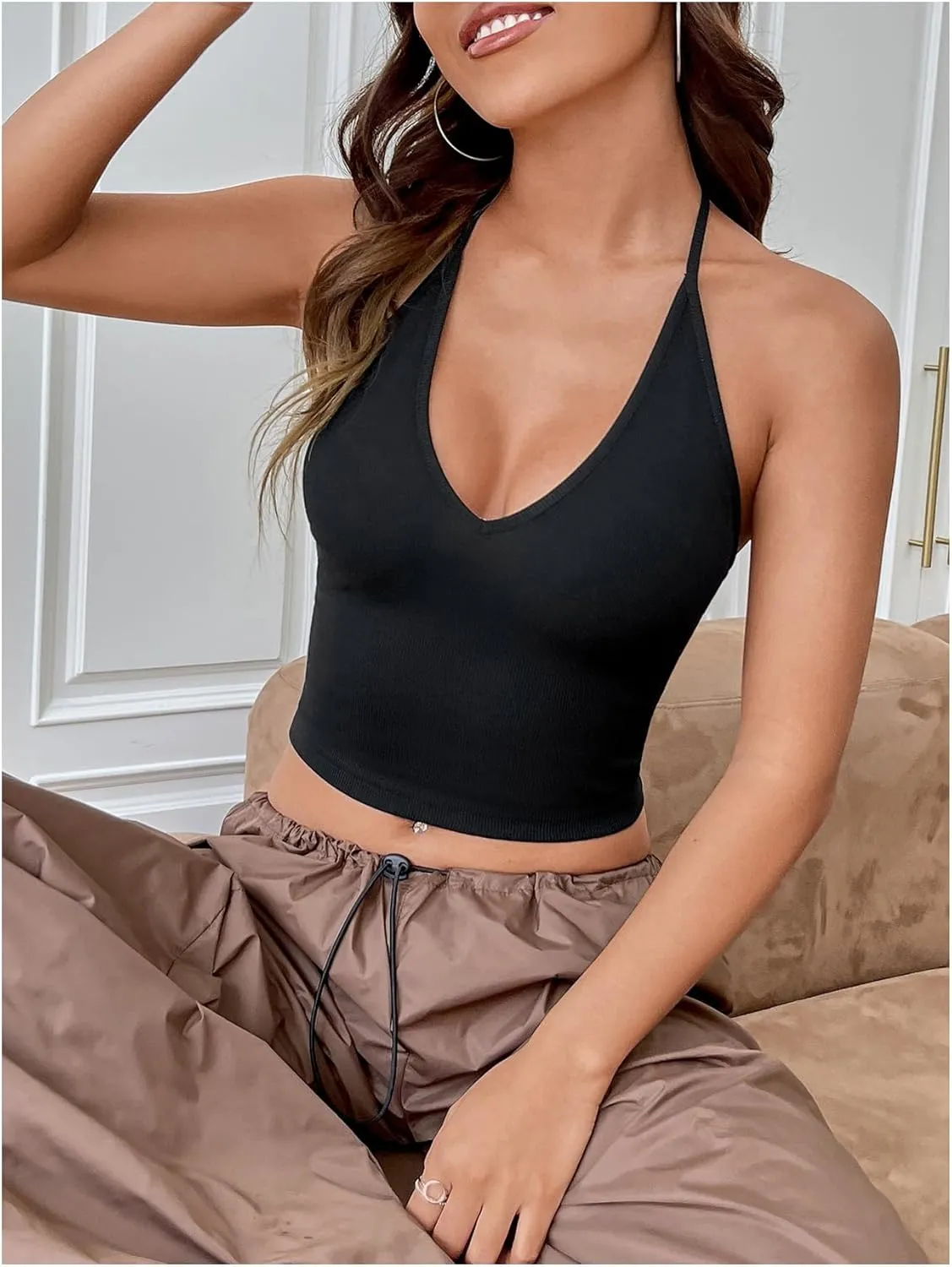 SOLY HUX Halter Crop Top for Women Deep V Neck Sleeveless Fitted Going Out Camisole Shirts