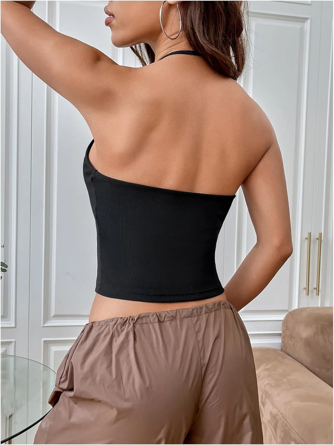 SOLY HUX Halter Crop Top for Women Deep V Neck Sleeveless Fitted Going Out Camisole Shirts