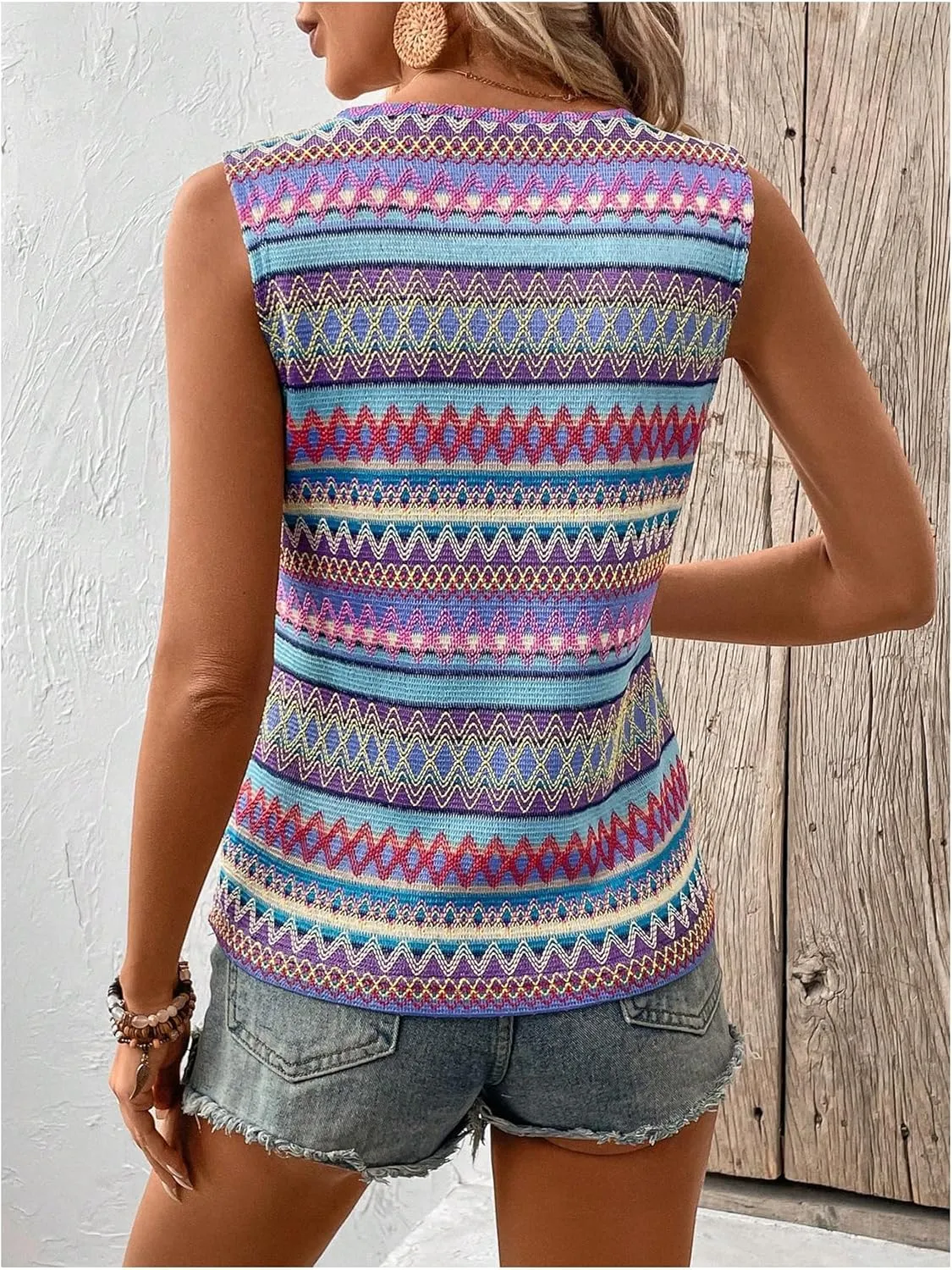 SOLY HUX Women's Summer Boho Tank Tops Geo Print Sleeveless Crewneck Casual Vacation Vest Top Shirts