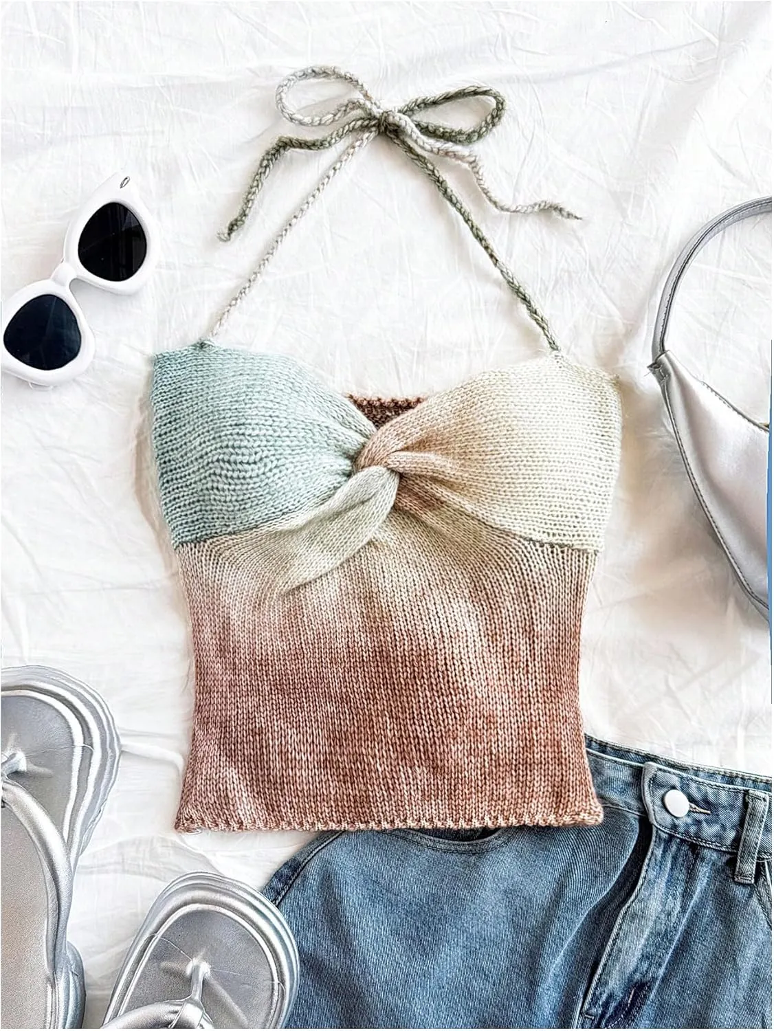 SOLY HUX Women's Y2k Ombre Halter Tops Sleeveless Twist Shirts Crochet Knit Going Out Crop Camisole